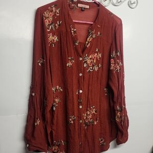 Olive Hill Floral Embroidered Button-Up Bohemian Garedencore Gorgeous XL Blouse